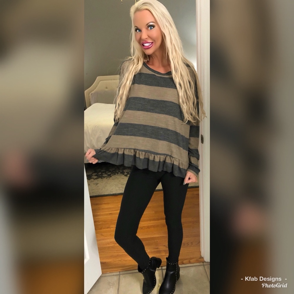 ❤️LAST 1! mocha/gray striped ruffle top! - Picture 4 of 4